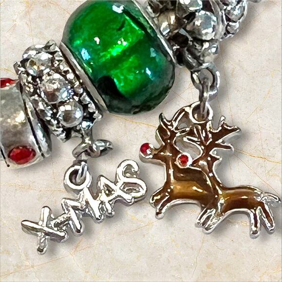 Silver-tone Christmas Charm Bracelet Holiday European Style Slider Glass Beads - Picture 5 of 11